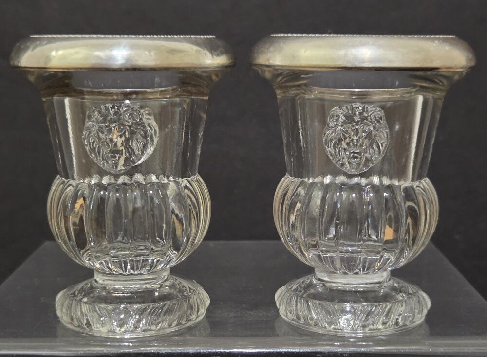 2 F.B. Rogers Sterling Silver Lions Head Pressed Glass Vase Toothpick Holder VTG